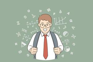 Back to school and happy education concept. Young happy positive schoolchild boy with backpack standing looking at camera feeling positive vector illustration