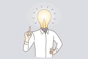 Great business idea and innovation concept. Young caucasian positive man cartoon character standing with light bulb instead of head with finger up vector illustration