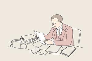 Debts, loss of job, bankrupt concept. Young frustrated businessmen cartoon character sitting reading negative news feeling down working during great depression times vector illustration