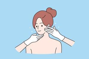 Cosmetology and beauty concept. Face of young smiling pretty woman cartoon character and hands of cosmetologist touching her face during skincare treatment vector illustration