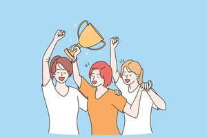 Winning, success, celebration victory concept. Group of smiling happy girls team cartoon characters standing holding golden prize for first place in hands celebrating victory vector illustration