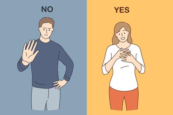 Contrast emotions and reactions concept. Impressed young woman feeling happy and expressing yes position while angry frustrated man standing and expressing no position