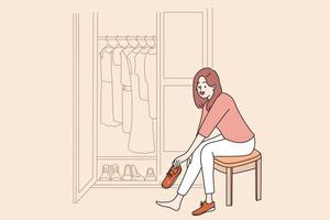 Fashion and fitting new shoes concept. Smiling positive pretty lady cartoon character sitting in showroom fashion collection choosing shoes clothes vector illustration