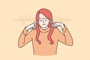 Stress, irritation, loud sounds concept. Portrait of angry irritated young woman cartoon character stabding and covering ears with fingers to keep silence in head feeling stressed and tired