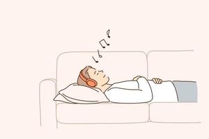 Relaxation and listening to music concept. Young positive woman cartoon character in headphones lying in bed listening to music feeling relaxed and calm vector illustration