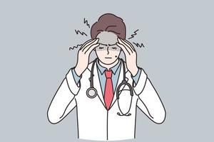 Working during COVID-19 epidemic concept. Portrait of stressed man doctor cartoon character wearing white working uniform feeling stressed during Coronavirus pandemic vector illustration