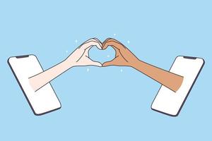 Dating in internet and multiracial love concept. Hands of mixed race woman and man forming heart shape with fingers from smartphones screens vector illustration