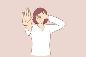 Shameful content and asking not to show concept. Portrait of confused girl in white shirt covering eyes with hand and showing stop gesture, feeling afraid to look vector illustration