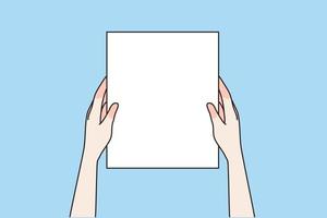 Copy space, mockup, background concept. Human hands holding blank white screen shit for text or adversing over blue background vector illustration