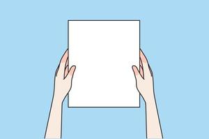 Copy space, mockup, background concept. Human hands holding blank white screen shit for text or adversing over blue background vector illustration