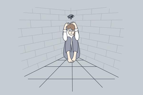 Depression, bad thoughts, grief concept. Young sad woman cartoon character sitting on floor touching head suffering from depression feeling down vector illustration