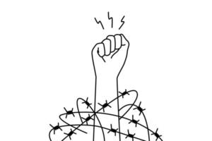 Close-up of hand in fist in wires thrive for independence and freedom. Raised hand with clenched fist fight for human rights. Vector illustration.