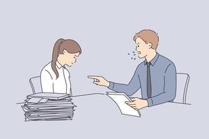 Conflict at work and angry boss concept. Furious director businessman sitting and swearing at sad unhappy worker girl with heap of documents on table in office vector