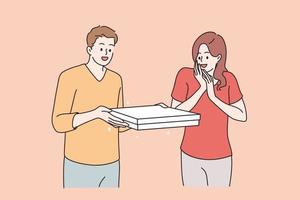 concepto de entrega de pedidos de pizza. joven hombre y mujer positivos sonrientes de pie con comida de pizza ordenada entregada y sintiéndose feliz ilustración vectorial hambrienta vector