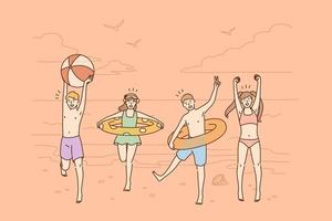 Summer vacations and activities concept. Group of happy children friends cartoon characters jumping on beach wearing swimsuits feeling excited vector illustration