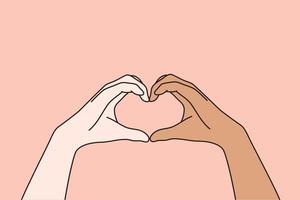 Multi ethnic and multicultural love concept. Hands of white and black human people forming heart meaning love over pink background vector illustration