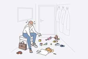 Anger and irritation concept. Young stressed man father cartoon character sitting at home feeling furious with child toys on floor putting off shoes vector illustration