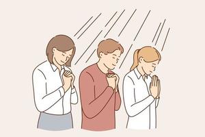 Business hope and pray concept. Group of positive calm business people cartoon characters standing with crossed hands and playing hoping for development vector illustration