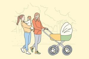 Motherhood and maternity happiness concept. Female friends cartoon characters walking with baby in stroller and chatting in park together outdoors vector illustration
