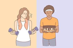 Active lifestyle or eating sweets concept. Young stressed frustrated woman in sportswear with dumbbels cartoon character standing looking at chocolate cake in boys hands vector illustration