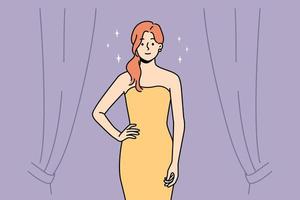 Beautiful young woman in dress standing on stage. Pretty female in fashionable gown on beauty contest. Glamour and fashion. Vector illustration.