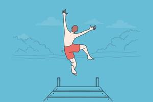 Summer leisure activities concept. Young man boy jumping to water of lake or sea on summer nature landscape from pier and enjoying vacations vector illustration