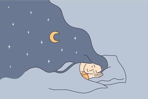 tener dulces sueños en el concepto de noche. joven personaje de dibujos animados de niña positiva acostado en la cama durmiendo teniendo sueños con los ojos cerrados ilustración vectorial vector