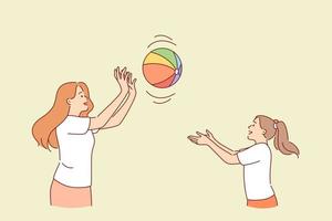 Motherhood and summer activities concept. Female mother and daughter cartoon characters playing bal outdoors in summer together having fun vector illustration