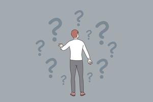 Doubt, question, uncertain concept. Young frustrated businessman standing backwards and feeling doubt with question signs above vector illustration