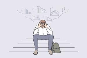 Economic regression, failure in business concept. Tired or stressed businessman cartoon character sitting on ladder stairs in panic feeling depressed stock market financial background vector