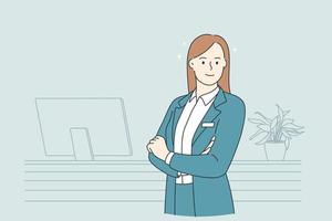 Working in hotel concept. Portrait of young smiling woman working as receptionist standing at desk in lobby of hotel looking at camera vector illustration