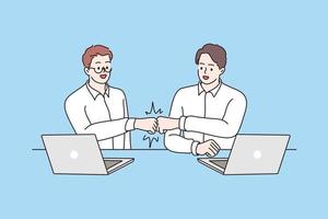 Success, cooperation, agreement concept. Smiling male young business partners workers sitting and shaking hands meaning collaboration and agreement in office vector illustration