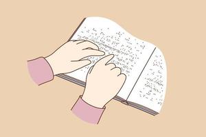 Blind people reading books concept. Human hands reading book story on paper written in Braille, close-up over beige background vector illustration
