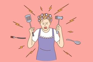 Crazy housewife at home concept. Young crazy angry woman cartoon character in apron cooking with cookware in hands over red background vector illustration