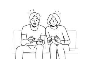 Smiling couple sit on sofa at home playing video game together. Happy man and woman have fun enjoy videogame with controllers. Vector illustration.