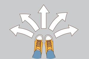 Choice and decision concept. Human foot in sneakers standing with arrows in various directions around meaning variety of choice and directions vector illustration