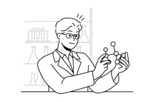 Smiling male scientist working with atom model in laboratory. Happy man researcher in uniform busy in lab. Science and biotechnology. Vector illustration.