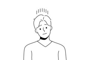 Unhappy young man suffer from repetitive thoughts in head. Upset distressed guy struggle with depression or bad mood. Vector illustration.