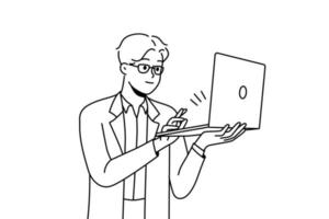 un joven sonriente con ropa formal trabajando en una laptop. hombre de negocios feliz ocupado en línea en la computadora. ilustración vectorial vector