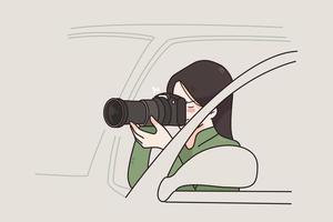 Working as detective of photographer concept. Young woman cartoon character working as Private detective sitting in car with camera spying near car outdoors making shot vector illustration