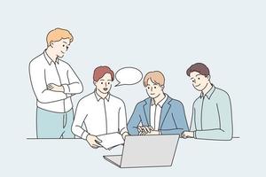 Brainstorm, Teamwork, collaboration concept. Male young business partners workers colleagues sitting at laptop discussing project with documents in office together vector illustration