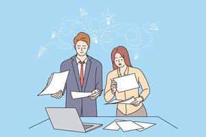 Innovation, Teamwork, new ideas concept. Female and male business partners workers colleagues standing discussing business ideas with documents in office together vector illustration