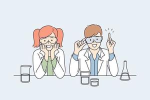 Laboratory research and tests for kids concept. Smiling happy small boy and girl children cartoon characters in white uniform sitting and making research tests with flasks together making innovations vector