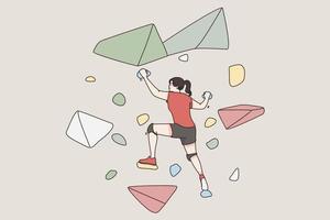 Extreme sports and active lifestyle concept. Young woman cartoon character climbing artificial hill step by step feeling excited to achieve aim vector illustration
