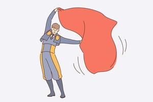 Working as spanish bullfighter concept. Young man bullfighter cartoon character in uniform with red textile standing and waving cloth in air for bull vector illustration