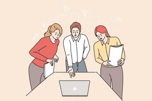 Brainstorm, Teamwork, business concept. Female and male young business partners workers colleagues standing at laptop discussing business ideas with documents in office together vector illustration