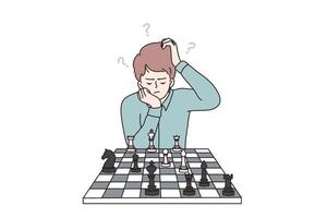 Intelligent, smart kids during hobbies concept. Clever concentrated and thinking child boy cartoon character sitting while playing chess, brain development vector illustration