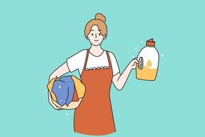 Housemaid and housewife concept. Portrait of smiling positive woman cartoon character working as housemaid holding in hands chemical softener laundry vector illustration