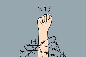 Close-up of hand in fist in wires thrive for independence and freedom. Raised hand with clenched fist fight for human rights. Vector illustration.