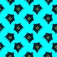 Cute house, seamless pattern on blue background. vector
